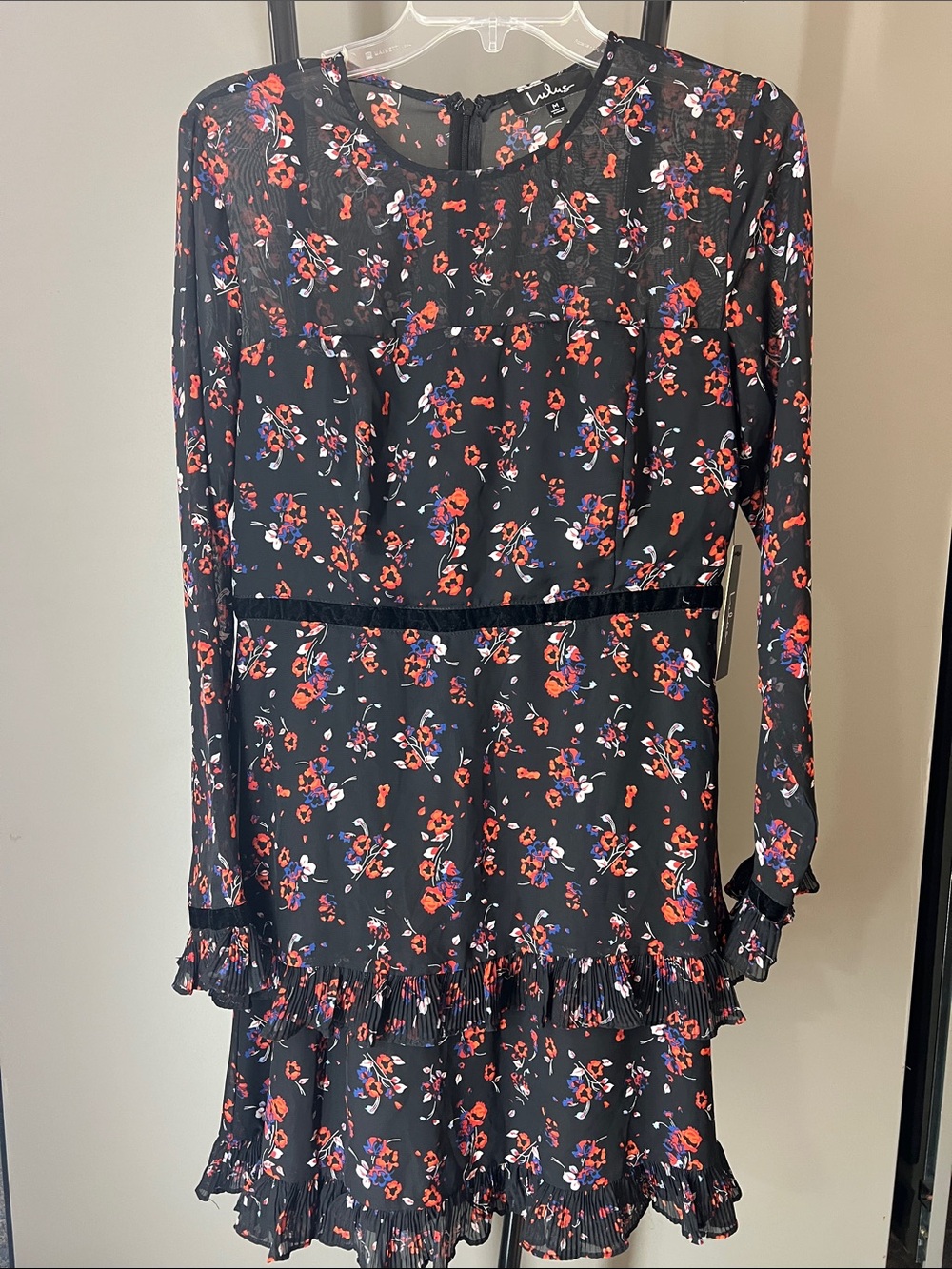 Lulu's Black Midi Dress with Red and Purple Floral Print